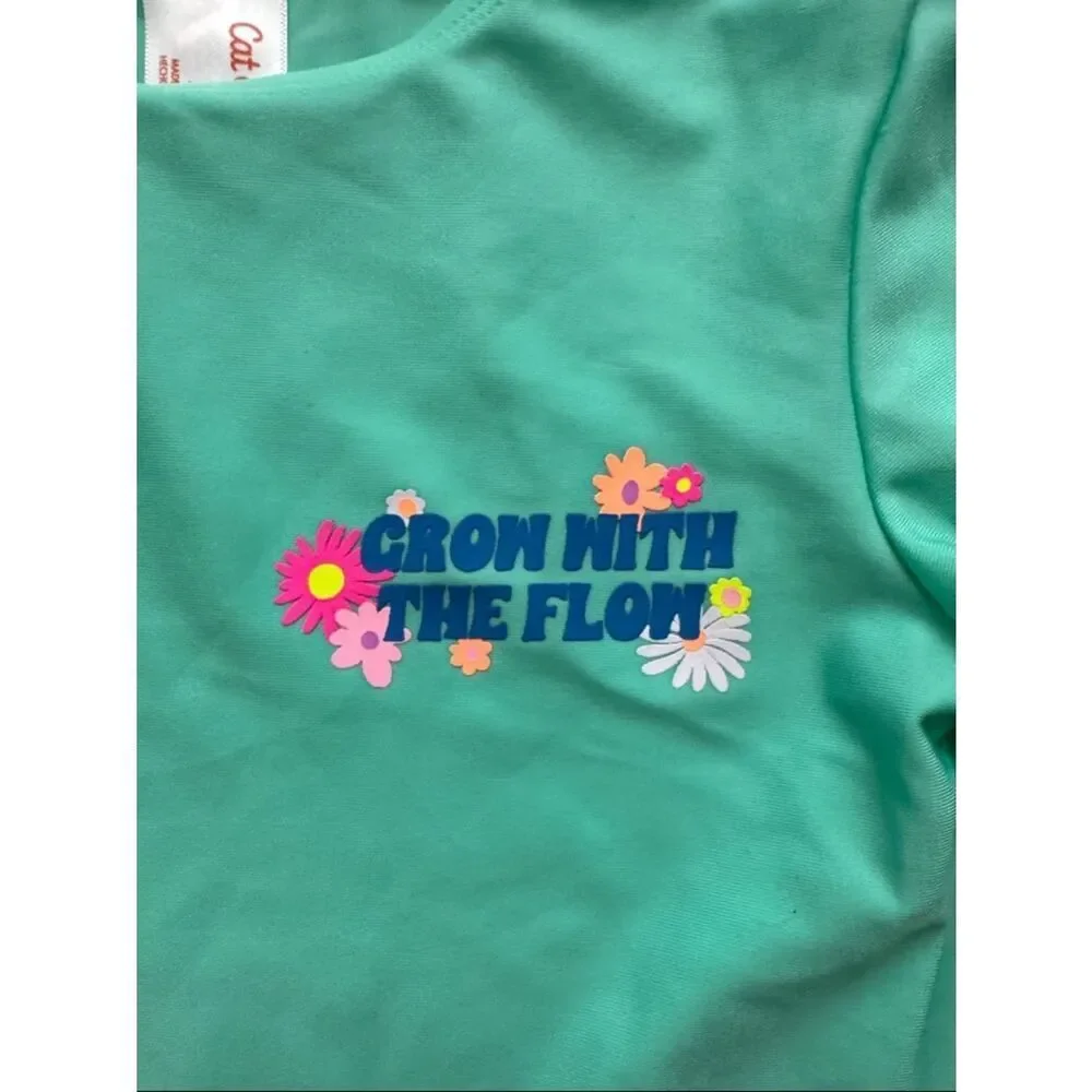 Mint Green Cropped Long Sleeve Swim Top with Floral Graphic